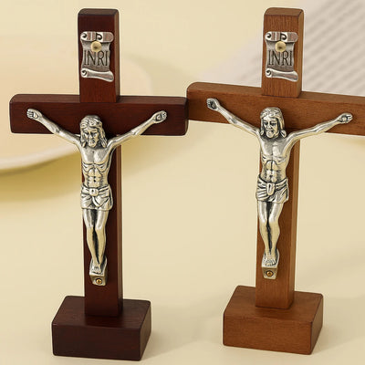 Vintage Wooden Jesus Cross Figurine with Stand for Christian Home Decor Catholic Crucifix Religious Gift Church Altar Ornament - Timothy's legacy