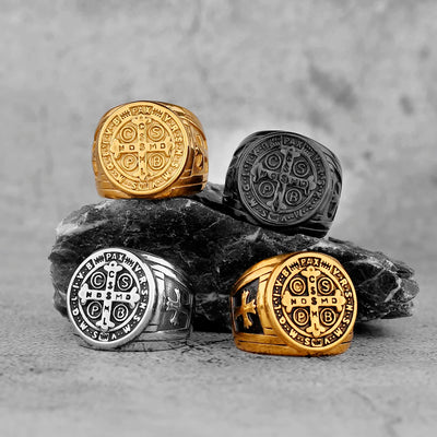 Saint Benedict Religion Cross Ring Men Punk Hip Hop Black Gold Color Stainless Steel Jewelry Biker Amulet Gift for Boyfriend - Timothy's legacy