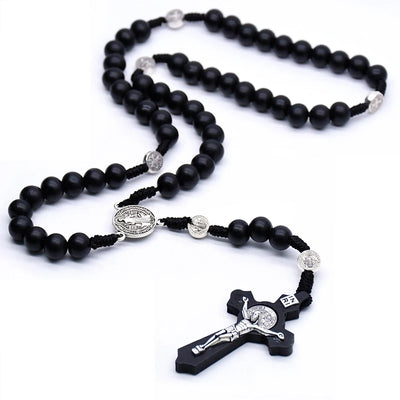 QIGO Religious Wooden Antique Black Cross Rosary Pendant Necklaces Jesus Saint Benedict Beaded Necklace for Men Women Jewelry - Timothy's legacy