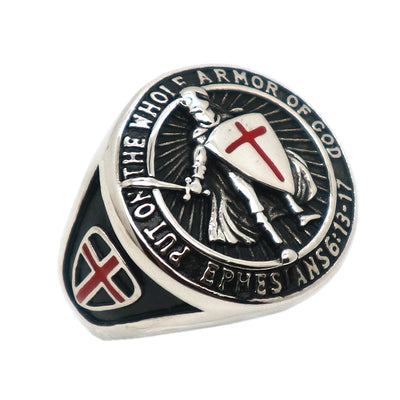 Unisex 316L Stainless Steel Saint Paul Ephesians "Put On The Whole Armor Of God" Cross Knight Protect Ring - Timothy's legacy