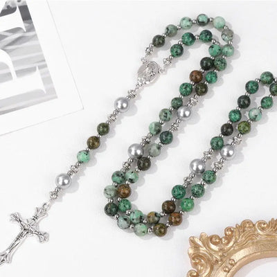 Catholic Jesus Cross Bracelet Men Religious Prayer Rosary Bangle 50CM Natural African Turquoises Lava Gem Stone Bead Bracelet - Timothy's legacy