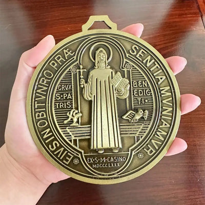 Extra Large Saint Benito Medal 5 Inch Vintage Brass Saint Benedict Round Prize Home Decor Pendant Zinc Alloy - Timothy's legacy