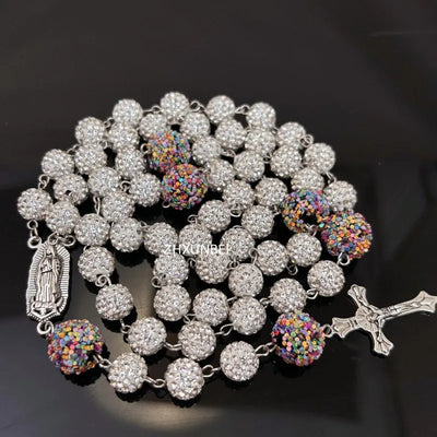 Hip Hop 10mm Rhinestone Cluster Rosary Necklace Disco Ball Beaded Pendant Catholic Our Lady of Guadalupe Prayer Rosary - Timothy's legacy