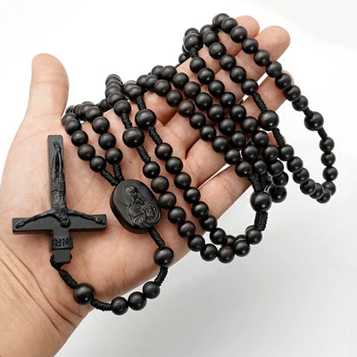Handmade 8mm Ebony Wood Bead Long Rope Rosary Catholic Necklace for Women Men Jewelry Jesus Cross Pendant Religious Prayer - Timothy's legacy