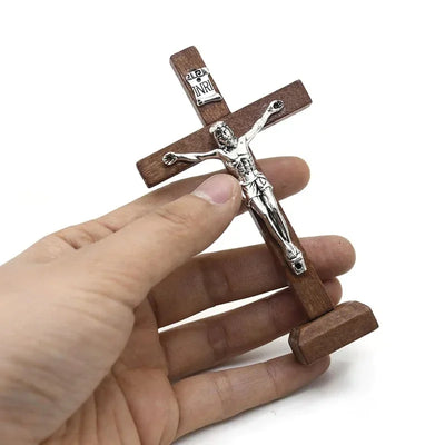 1Pc Wooden Catholic Jesus Cross with Stand Vintage Religious Christian Standing Crucifix Church Home Shelf Tabletop Ornaments - Timothy's legacy