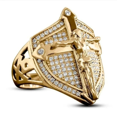 Punk Simple and Elegant Golden Jesus Cross Shield Men's Ring Zirconia Dazzling Motorcycle Party Hip-hop Men's Accessories - Timothy's legacy