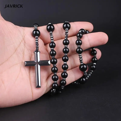 Hematite Blessing Rosary Prayer Necklace with Cross Pendant Religious Jewelry Cross Religious amulet Long Chain Rosary - Timothy's legacy