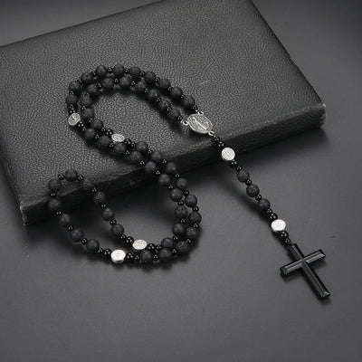 New Cross-Border Style Black Volcanic Ash Alloy Necklace Men's Original Stone Ten Cross Beads Necklace Religious Jewelry - Timothy's legacy
