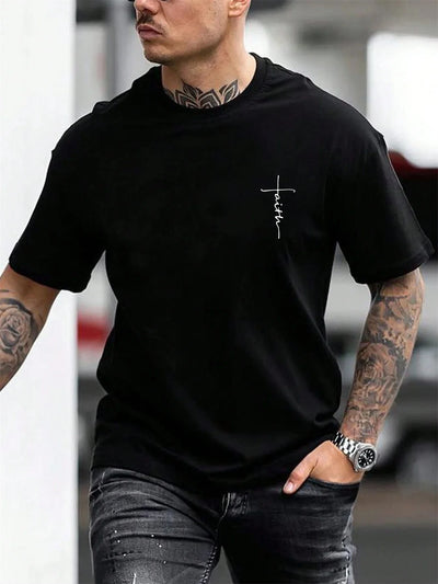 Men's Summer 100% Cotton Fashionable Casual Loose Large Size Faith Cross Printed Sports Round Neck Short Sleeve T-shirt Top - Timothy's legacy