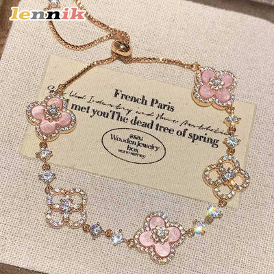 LENNIK Cherry Blossom Pink Mother of Pearl Clover Bracelet, Inlaid with Micro Zirconia, Hollowed Out Design Color Lucky Bracelet - Timothy's legacy