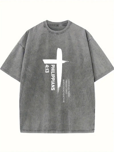 Cross Simple Graphic Print High Quality Washed T-Shirt, Fashion Versatile, Crew Neck Basic T-Shirt, Men's Outdoor Apparel - Timothy's legacy