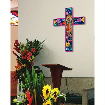 12in 2D Flat Bohemian Cross Wooden Wall Art with Colorful Floral Design Wooden Cross Confessor Home Church  Farmhouse Decoration - Timothy's legacy