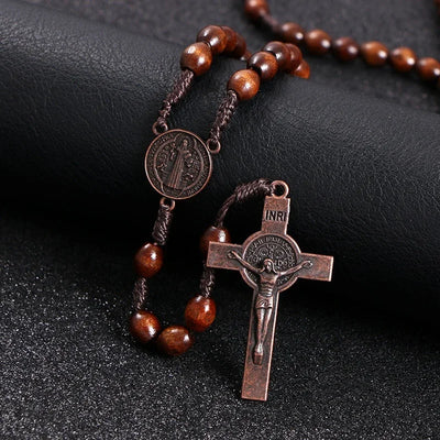 Christ Jesus Wooden Beads 8mm Rosary Bead Cross Car Pendant Woven Rope Chain Necklace Religious Orthodox Praying  Jewelry - Timothy's legacy