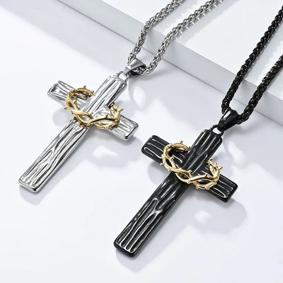 Men Jesus Christ Cross Necklace Stainless Steel Pendant Chain Crown of Thorns - Timothy's legacy