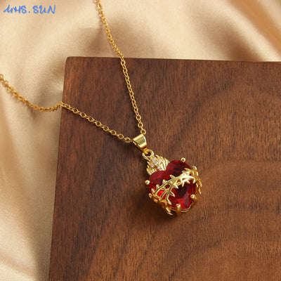 MHS.SUN Gold Plated Sacred Heart of Jesus Cross Necklace Red Zircon Religious Catholic Pendant Necklaces For Women Girls Jewelry - Timothy's legacy