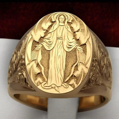 Elegant Unisex 14k Yellow Gold Color Ring For men Jewelry Gift Virgin Mary Blessing Badge Hand Carved Religious Ring - Timothy's legacy