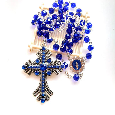 Cottvott Pray Chaplet Baptism Gothic Retro Blue Crystal Beaded Chain Rhinestone Cross Medalla Milagrosa Rosary Necklace Jewelry - Timothy's legacy