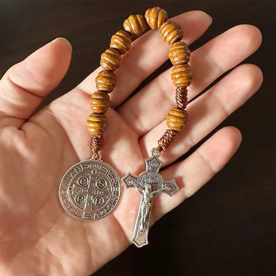 9 Inch Saint Benedict Rosary Necklace Wood Beads Medal Prayer Pocket Catholic Brown Medalla De San Benitol Crucifix - Timothy's legacy