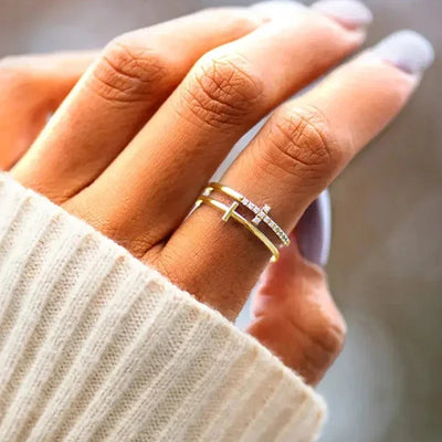 Huitan Gorgeous Rings for Women Unique Double Layer Cross Design Finger Accessories Shiny Daily Low-key Exquisite Office Jewelry - Timothy's legacy